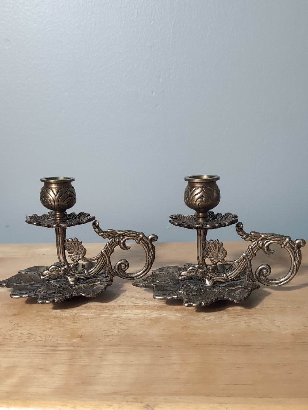 Two Vintage Heavy San Pacific Brass Floral Candle Stick Holders.